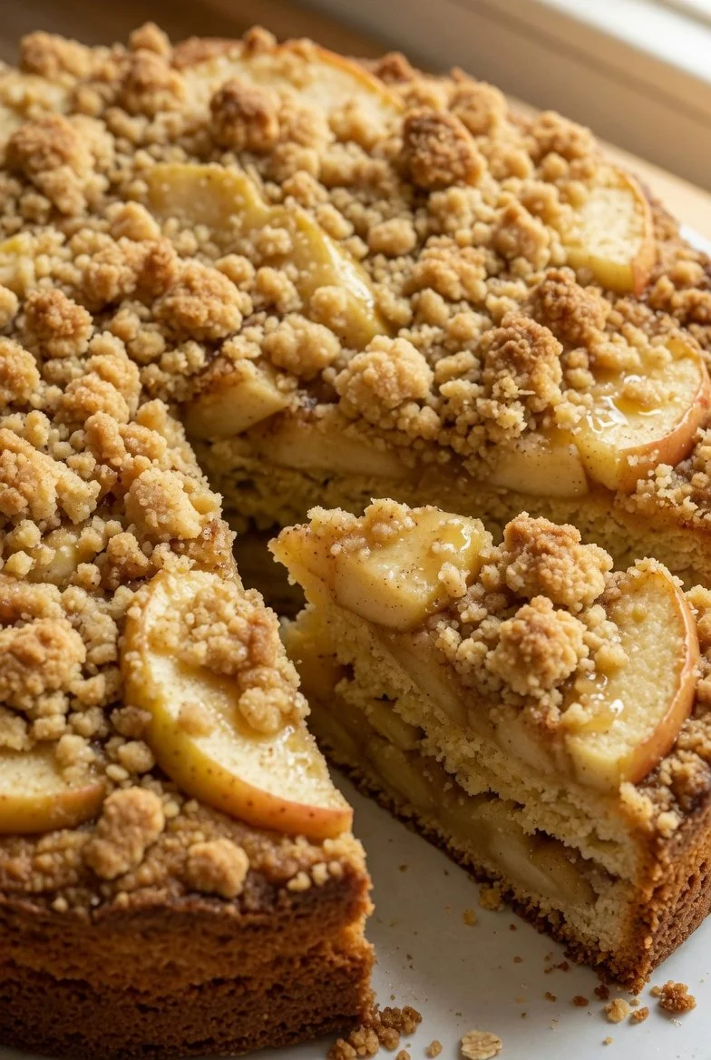 Apfel-Calvados-Streuseltorte mit goldbraunem Streuselbelag
