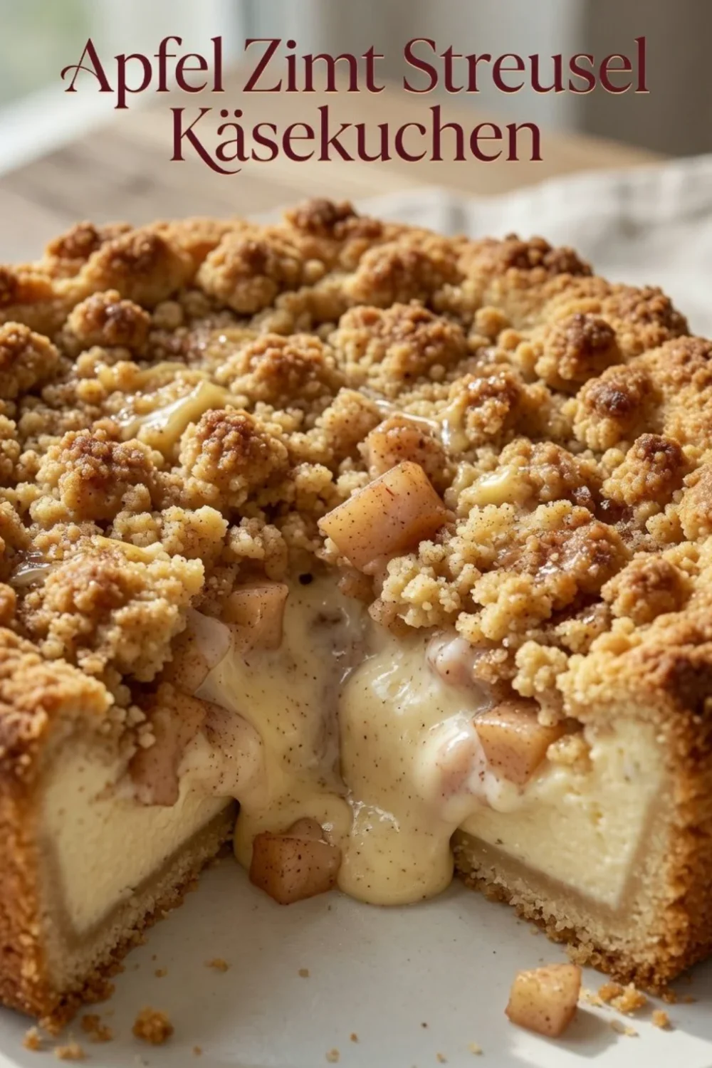 Apfel Zimt Streusel Käsekuchen mit leckerem Käsekuchen-Füllung und Streuseln.