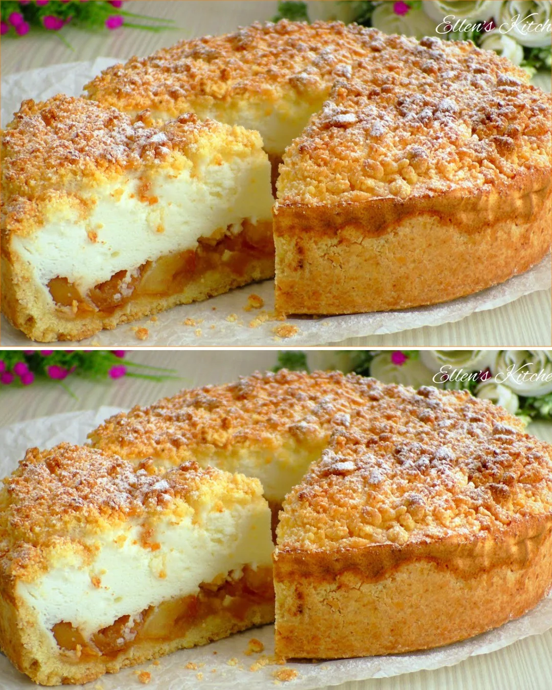 Saftiger Apfelkuchen mit Soufflé-Creme auf einem Teller serviert