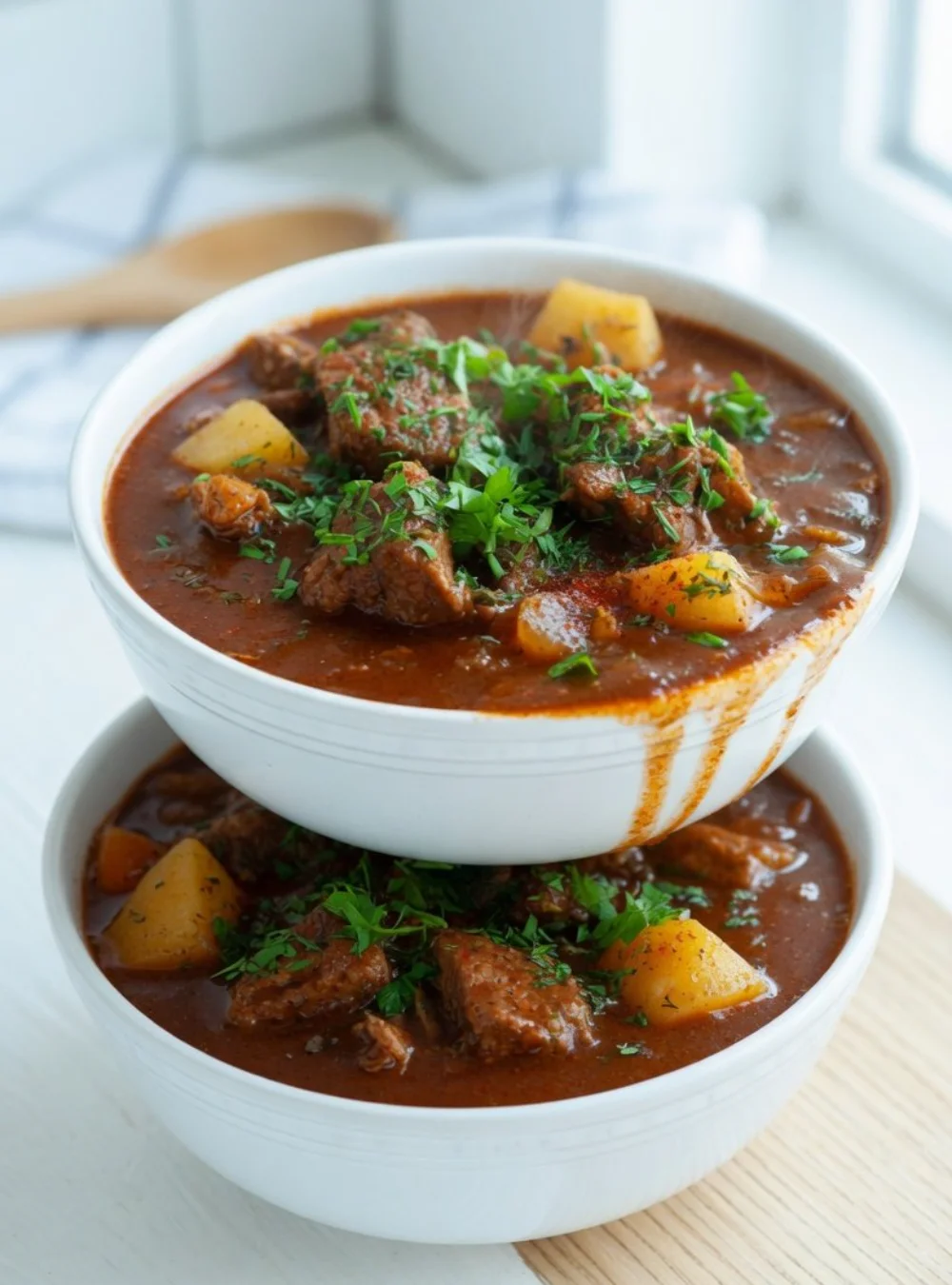 Authentisches ungarisches Gulasch mit frischen Zutaten und Gewürzen.