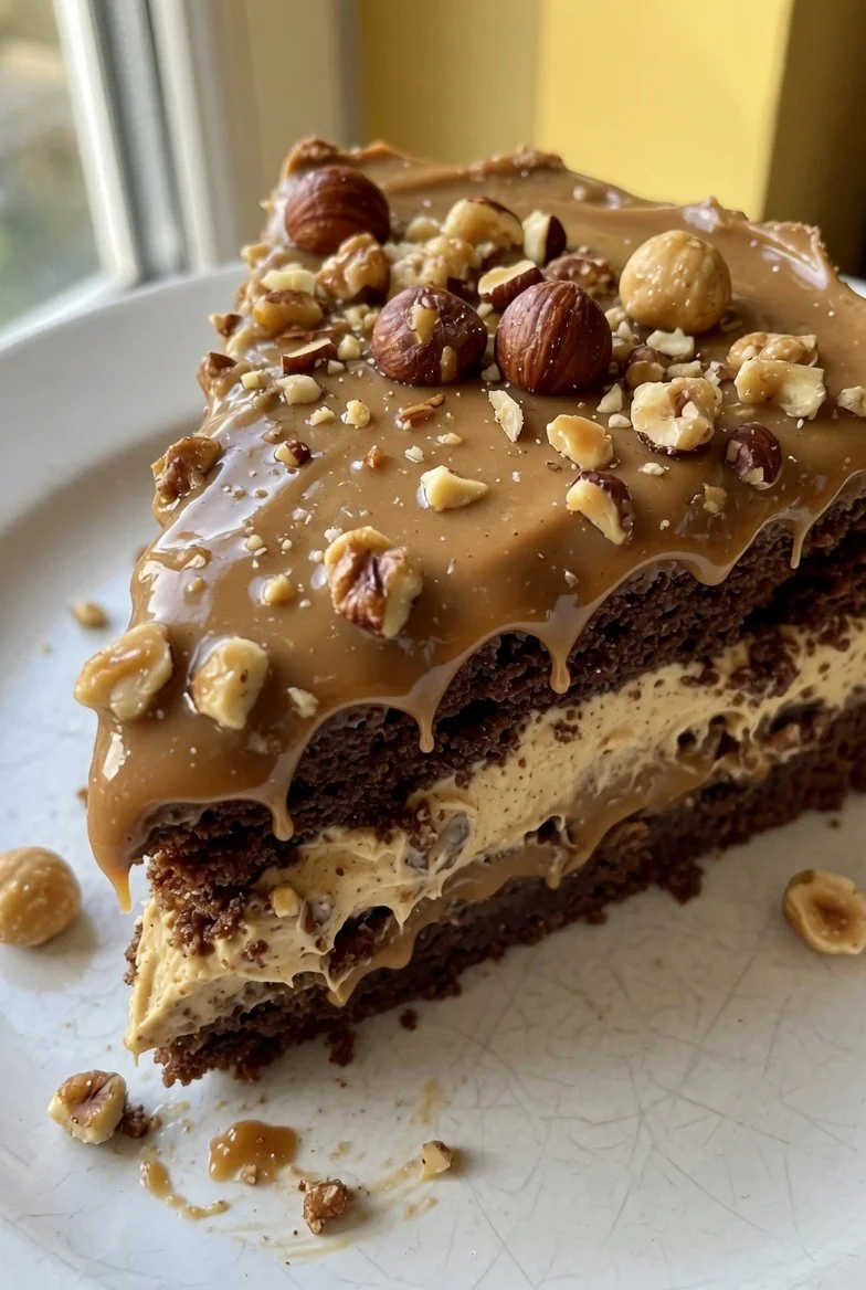 Ein Stück Baileys Toffee Nuss Torte auf einem Teller, dekoriere mit Nüssen.