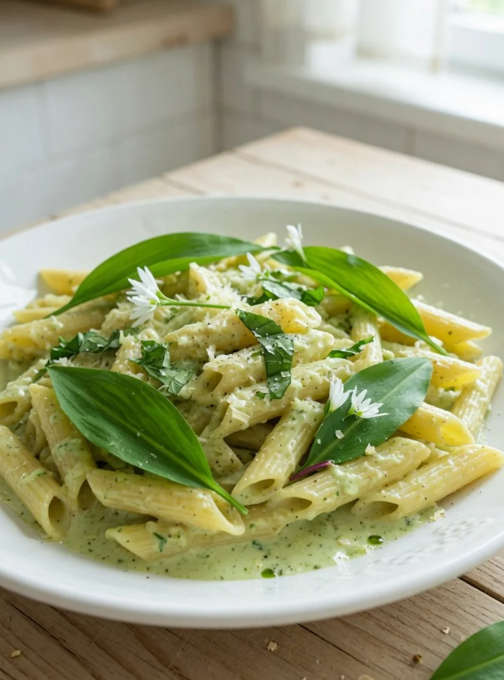 Bärlauch Pasta in cremiger Soße serviert auf einem Teller