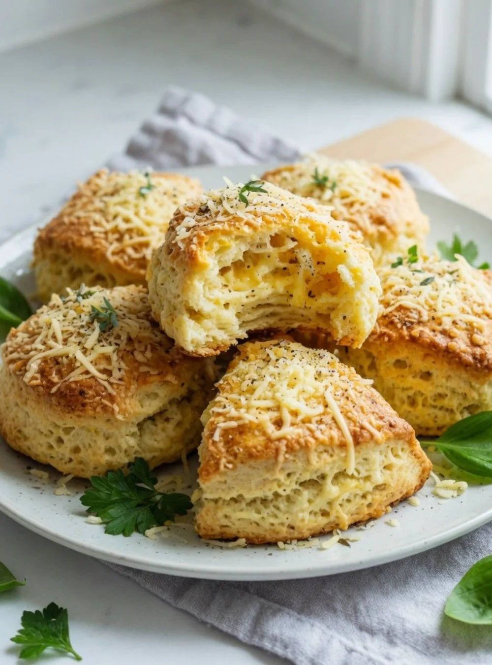 Frisch gebackene Bärlauchbrötchen auf einem Holztisch