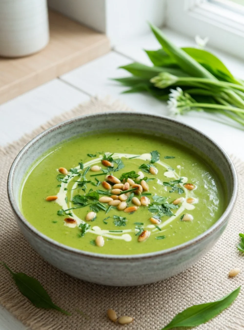 Bärlauchcremesuppe in einer Schüssel mit frischen Kräutern dekoriert.