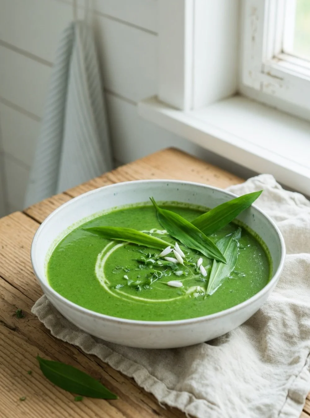 Eine Schüssel Bärlauchsuppe mit frischem Bärlauch und Sahne dekoriert.
