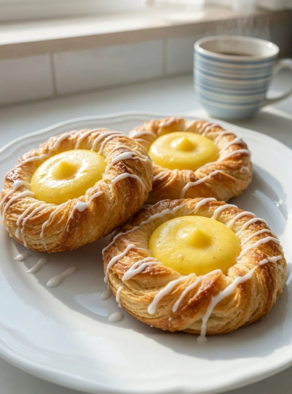 Leckere Blätterteigkäse-Dänisch mit schmelzendem Käse und knusprigem Teig.