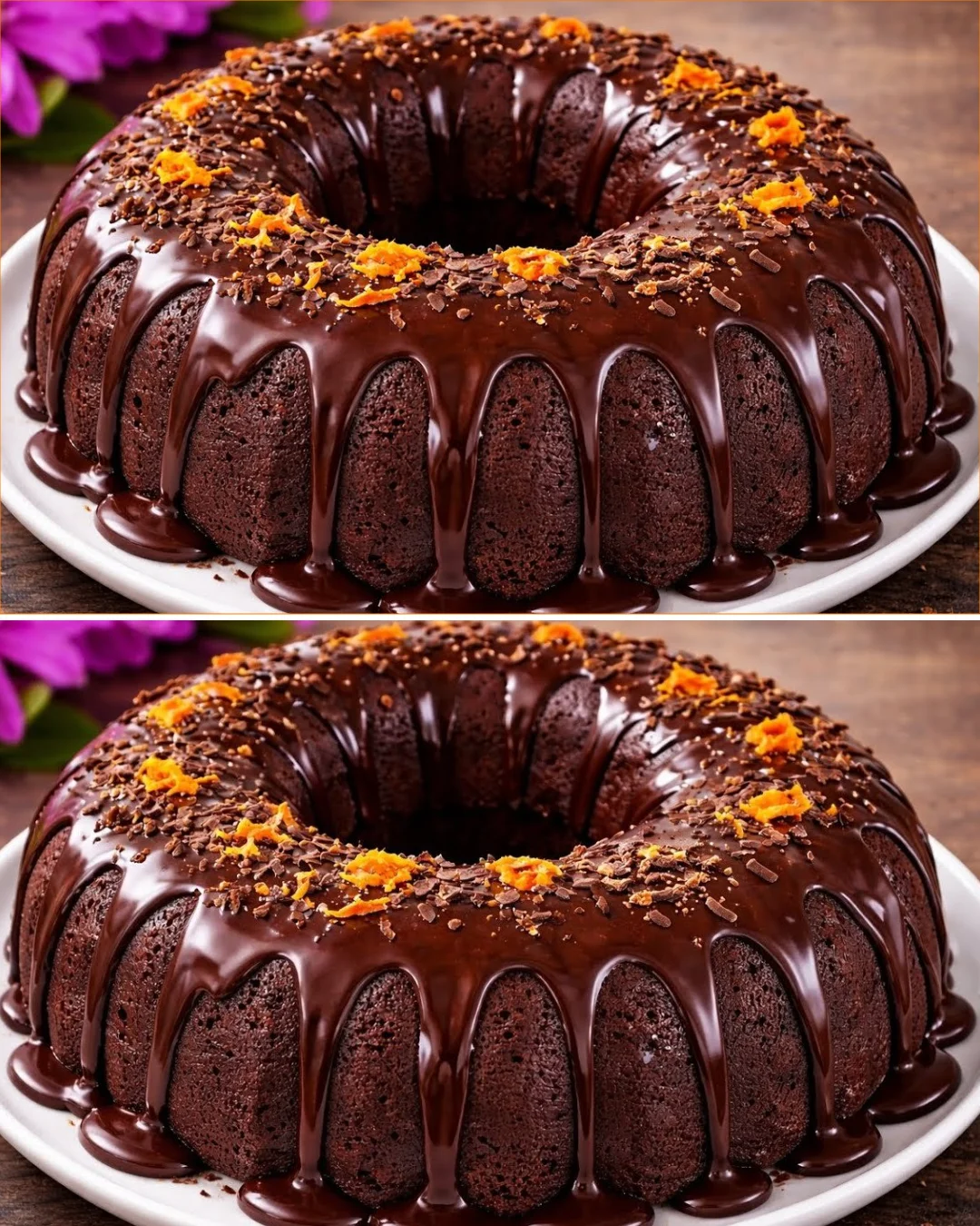 Blitzschneller Schokoladen-Orange Kuchen, frisch gebacken und dekoriert