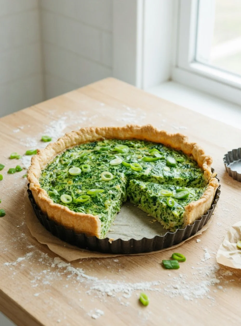 Bohnen und Kräuter Quiche auf einem Holzbrett serviert