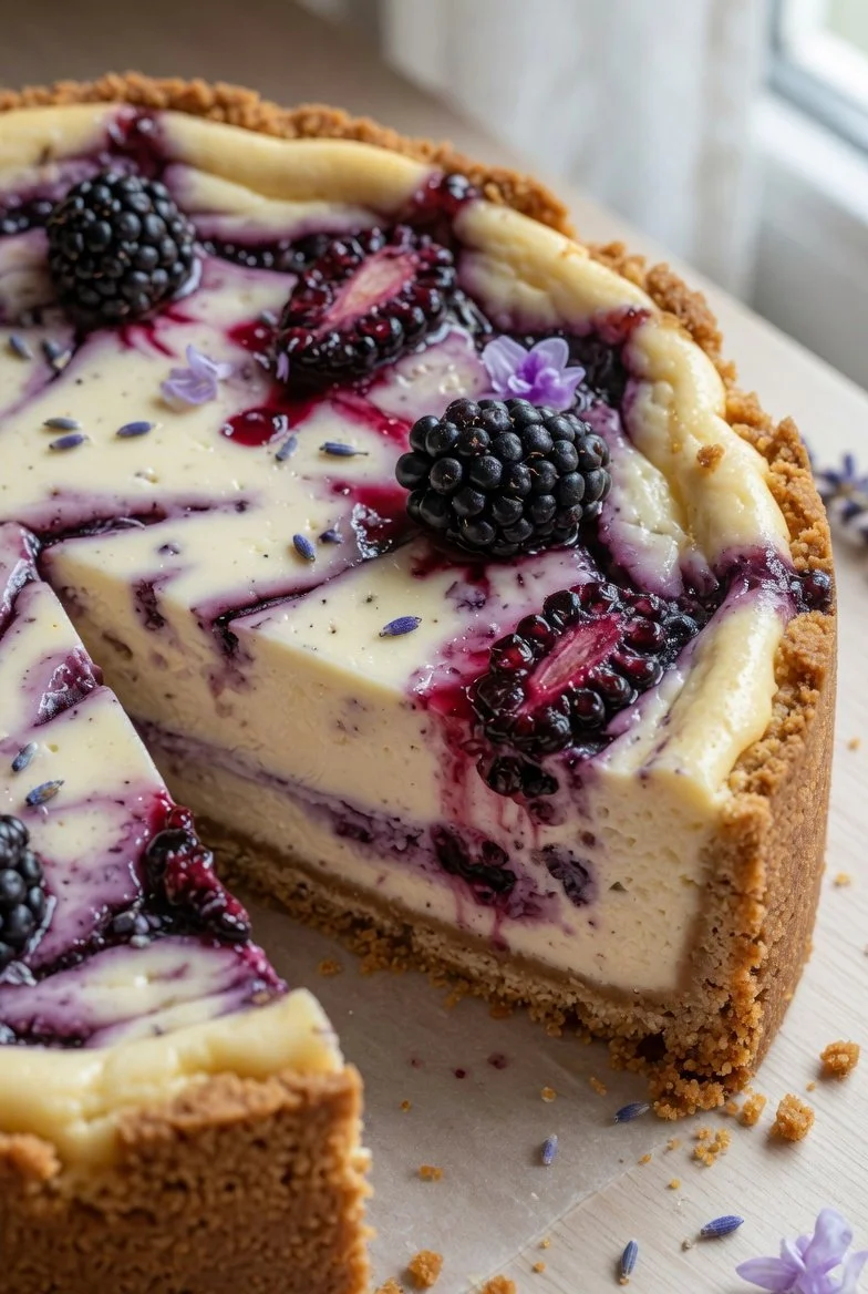 Brombeer-Lavendel-Käsekuchen auf einem Teller, dekoriert mit frischen Beeren