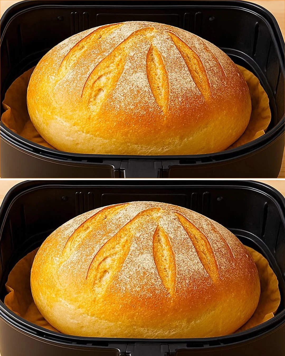 Frisches Brot, das in der Heißluftfritteuse gebacken wurde.