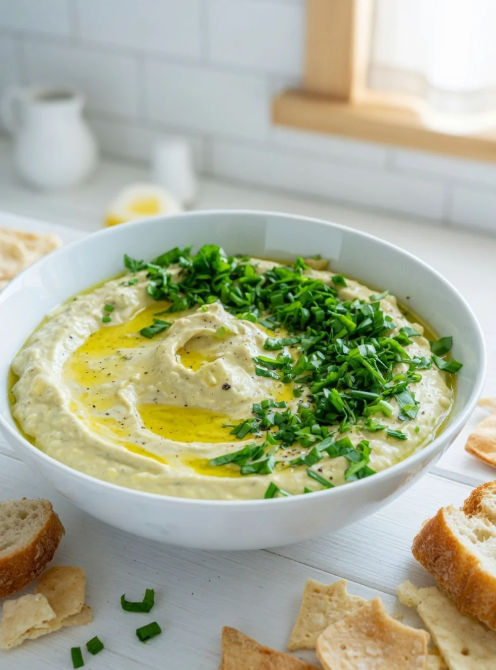 Cremiger Bärlauch-Dip in einer Schüssel, serviert mit frischem Brot.