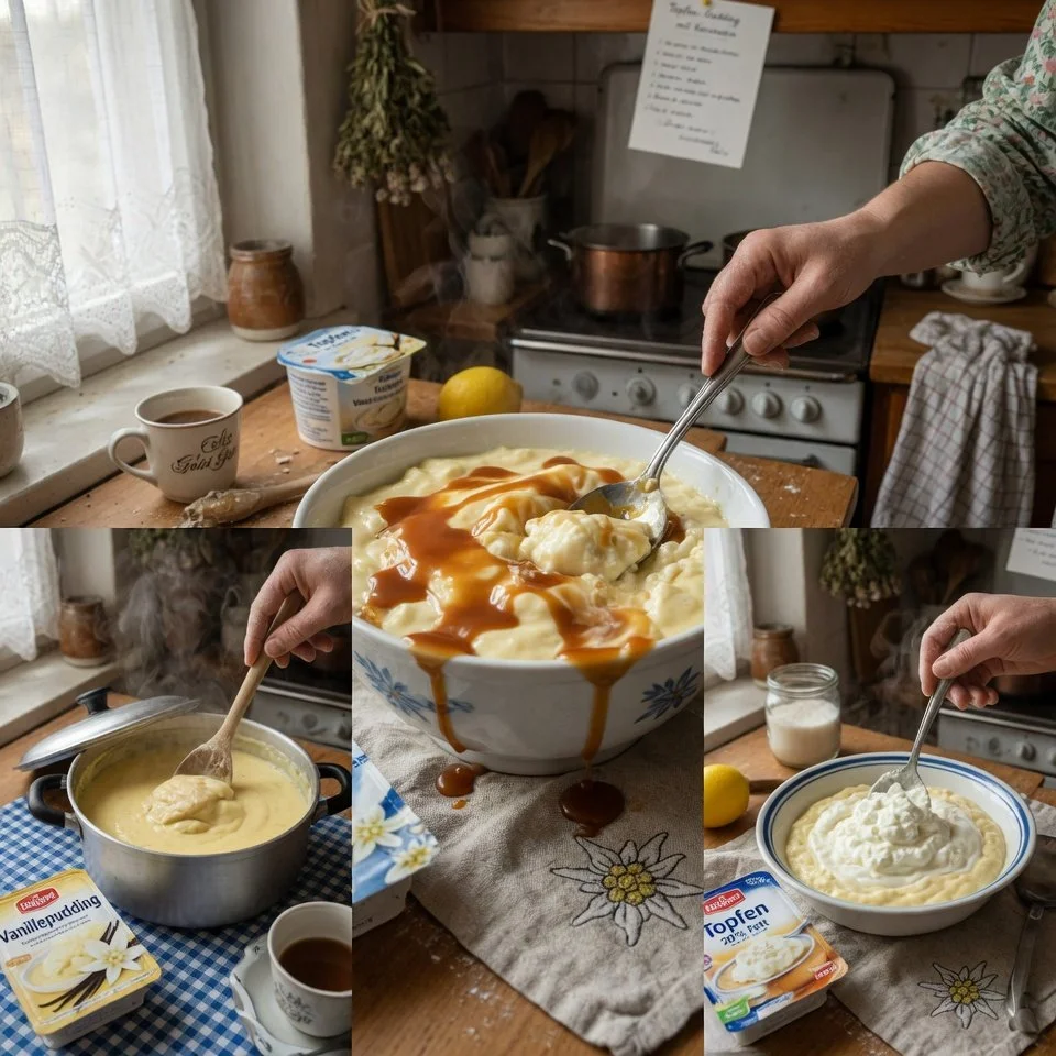 Cremiger Topfen-Pudding mit Karamell auf einem Teller