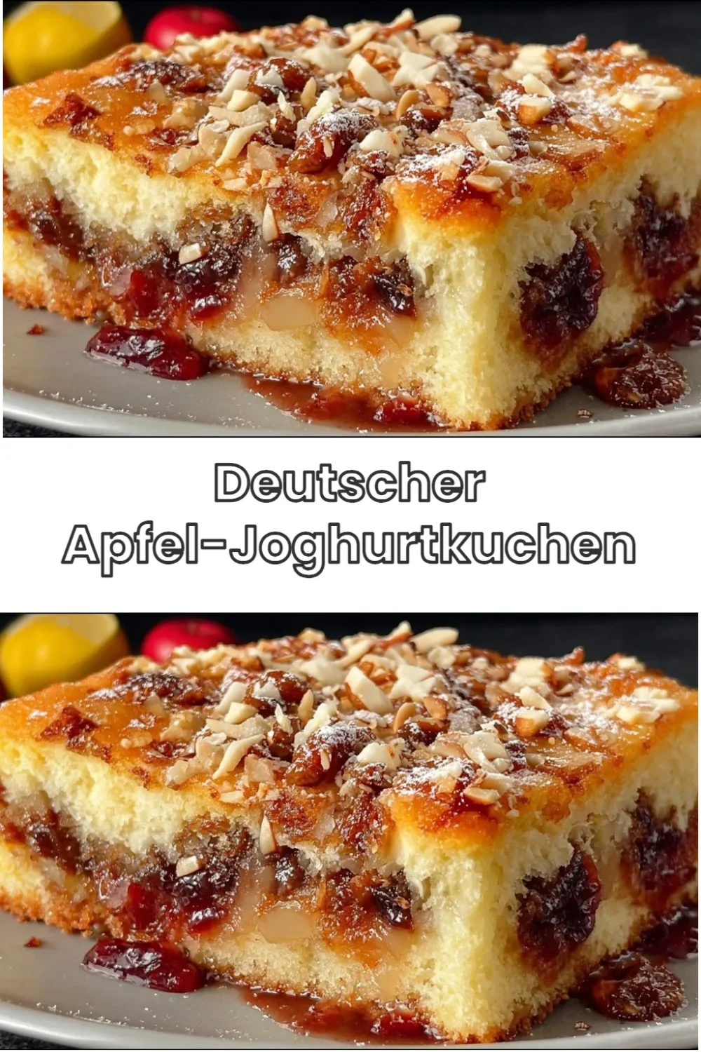 Deutscher Apfel-Joghurtkuchen auf einem Teller serviert mit frischen Äpfeln