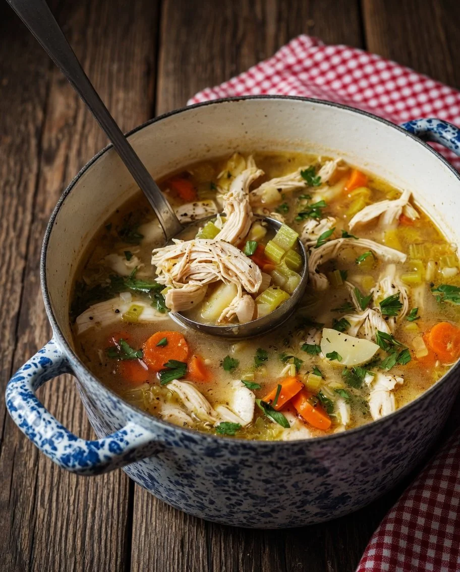 Schüssel mit dampfender Hühnersuppe, gesund und einfach gekocht.