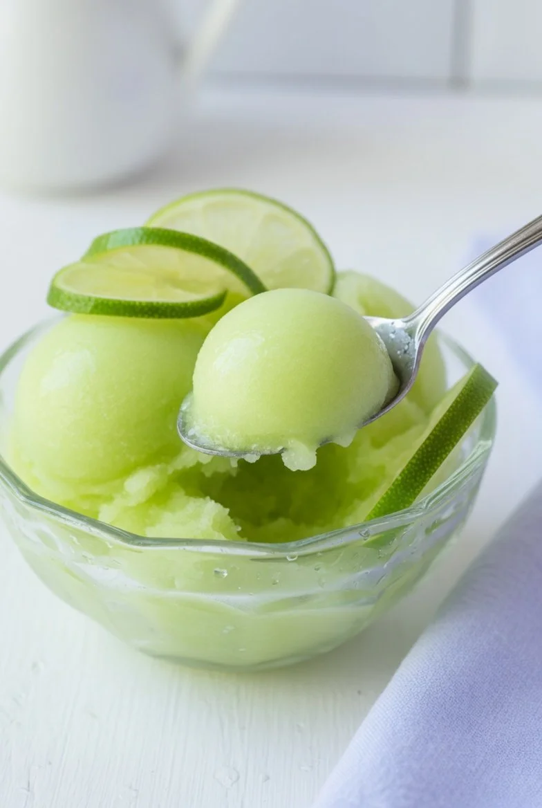 Hausgemachtes Limetten-Sorbet in einer Schale, erfrischend und schnell zubereitet.
