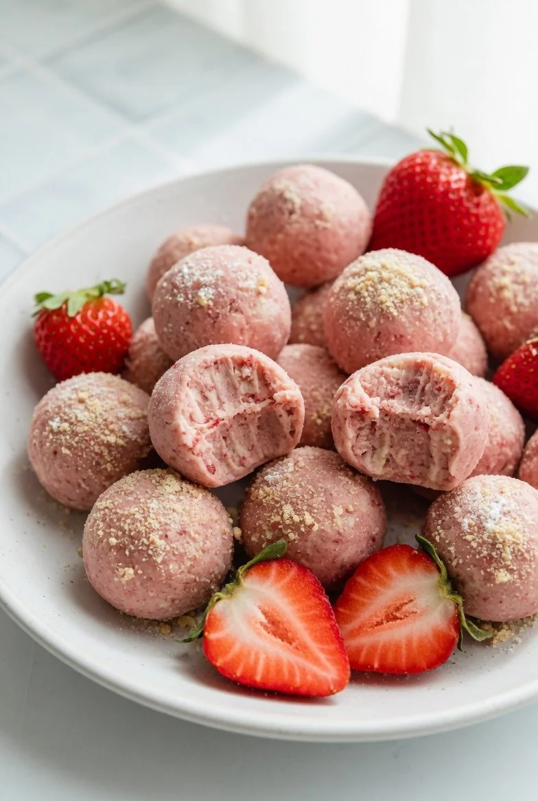 Erdbeer-Käsekuchen-Proteinbällchen als gesunde Snack-Option