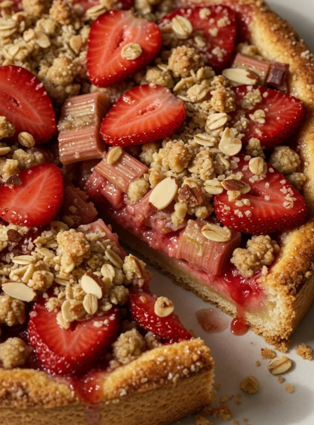 Leckere Erdbeer-Rhabarber-Streusel-Tarte auf einem Teller, mit frischen Früchten dekoriert.