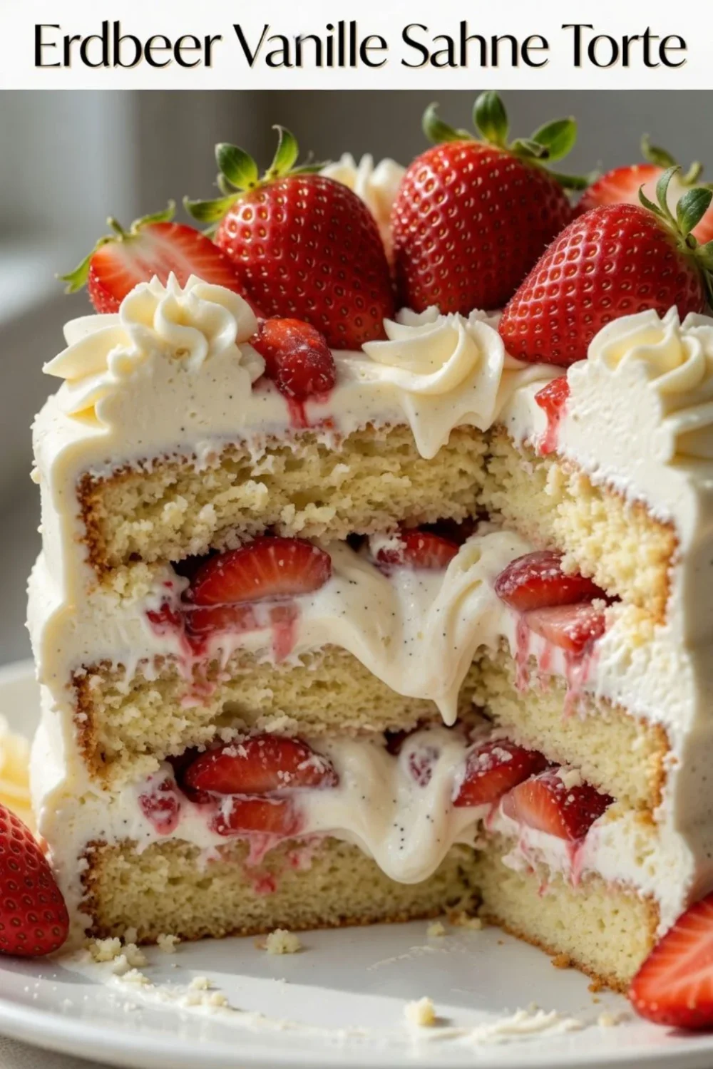 Erdbeer Vanille Torte mit frischen Erdbeeren und cremiger Vanille-Sahne-Füllung