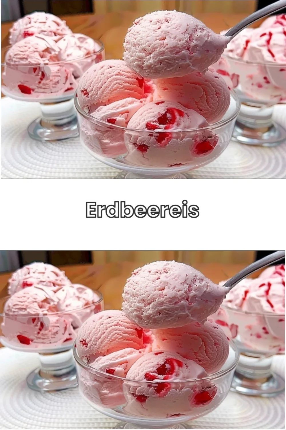 Schale mit cremigem Erdbeereis in einer Sommerlandschaft