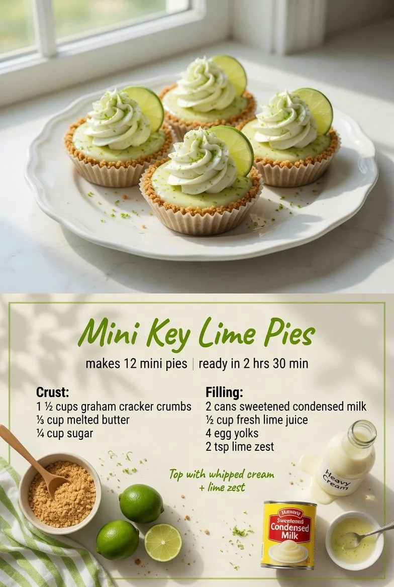 No-Bake Mini-Key-Lime-Törtchen auf einem Teller, dekoriert mit Limetten