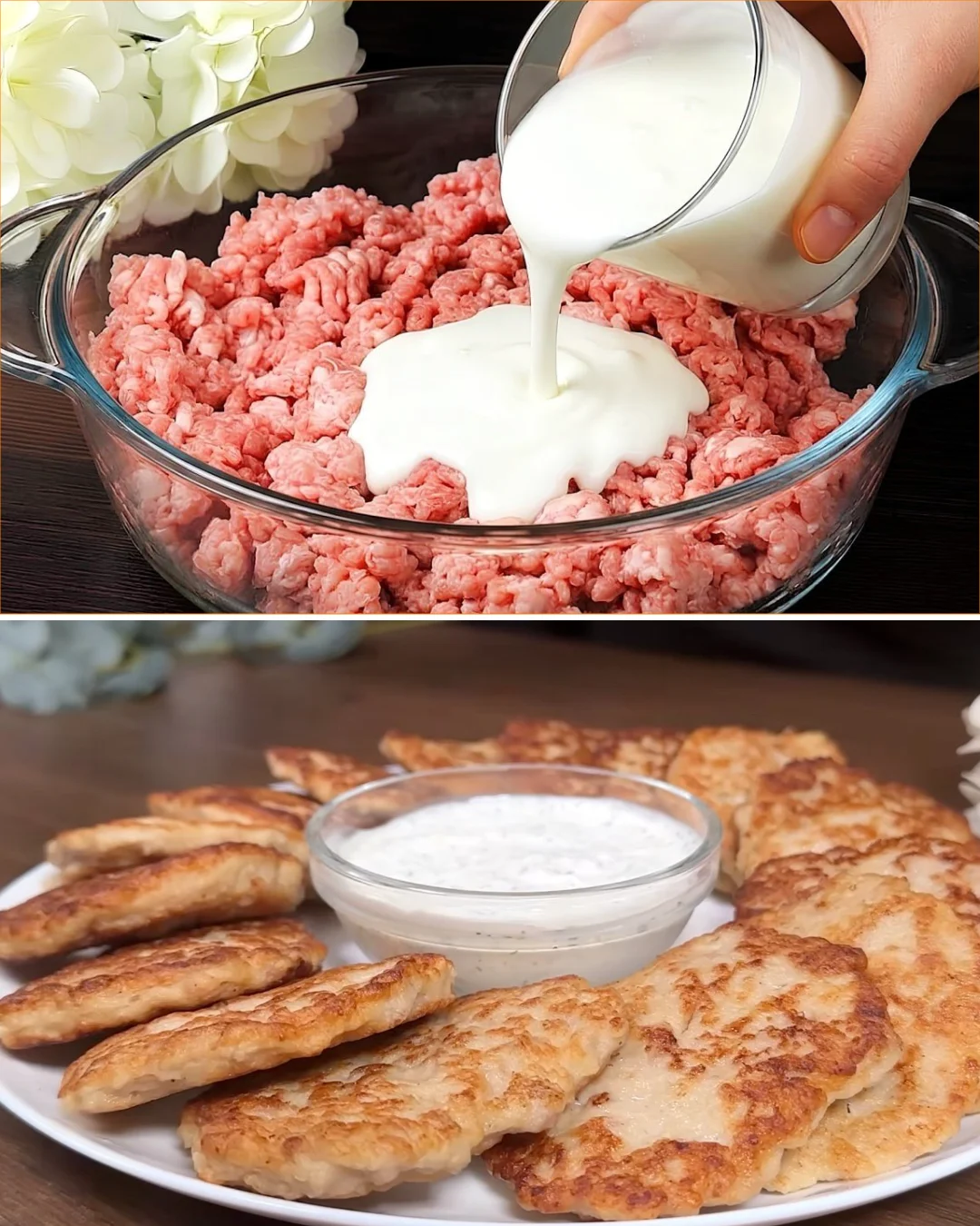 Leckere Fleischpfannkuchen mit Joghurt auf einem Teller serviert.