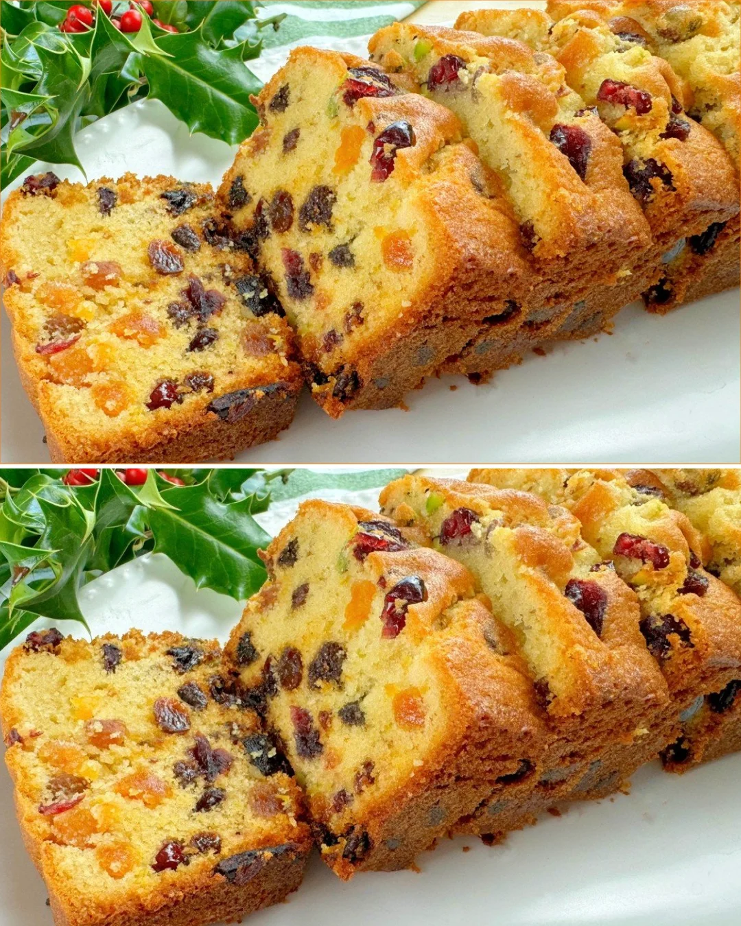 Schnell zubereiteter Früchtekuchen auf einem Teller, dekoriert mit frischen Früchten.