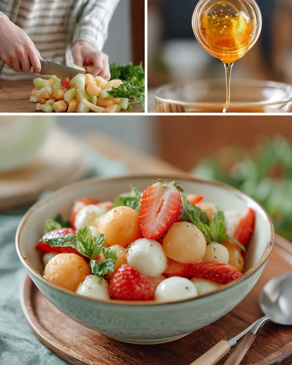 Fruchtiger Topfen-Salat mit Minze und Honig auf einem weißen Teller