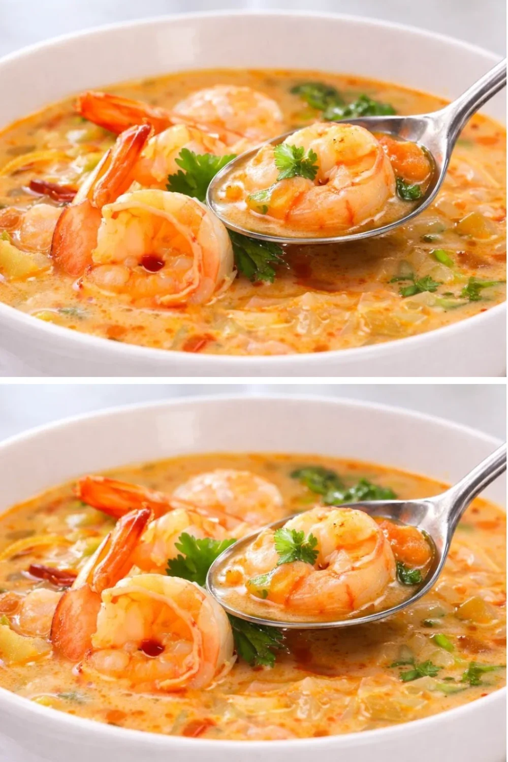 Garnierte Shrimp-Suppe mit frischen Zutaten und Aromanoten