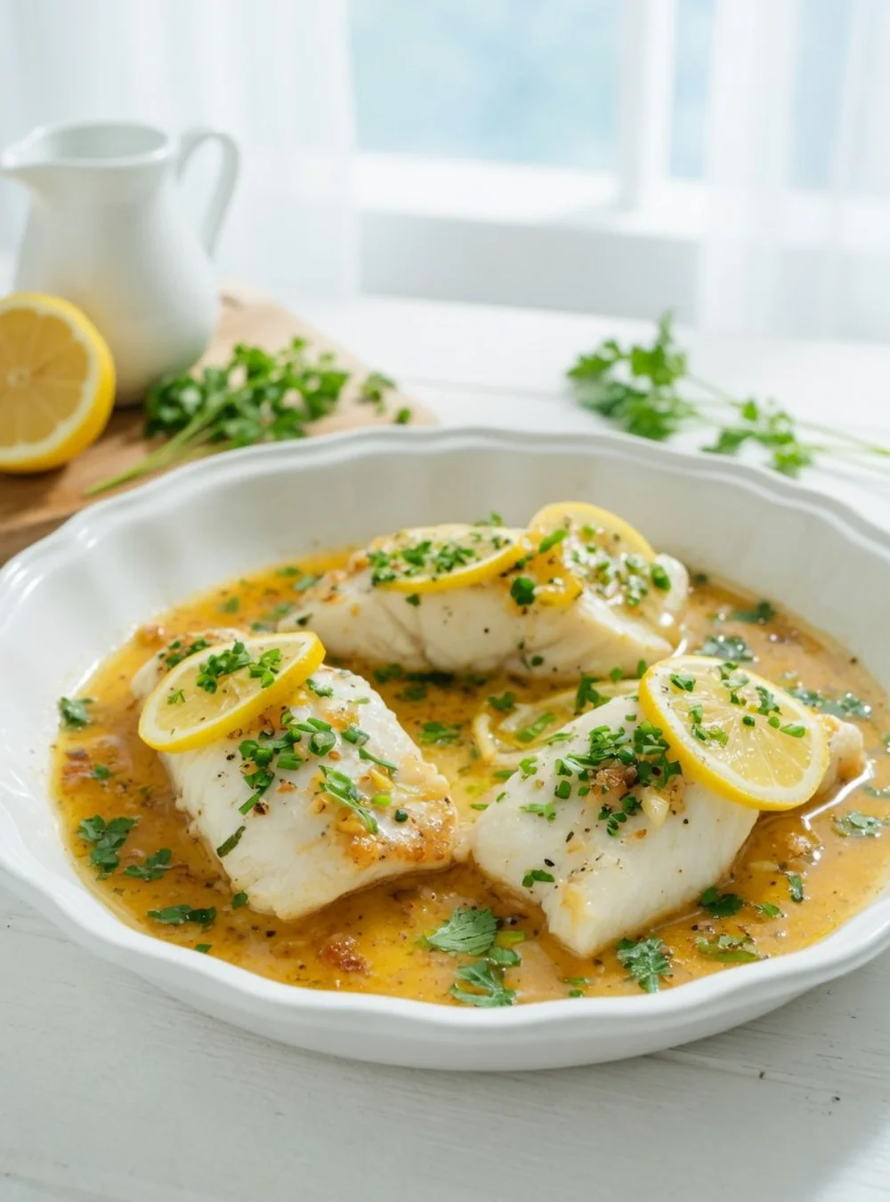 Gebratener Zedernfisch mit Zitronen-Knoblauch-Buttersoße auf einem Teller serviert