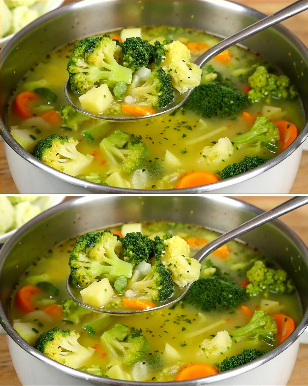 Schüssel mit frischer Gemüsesuppe voller bunter Gemüse.