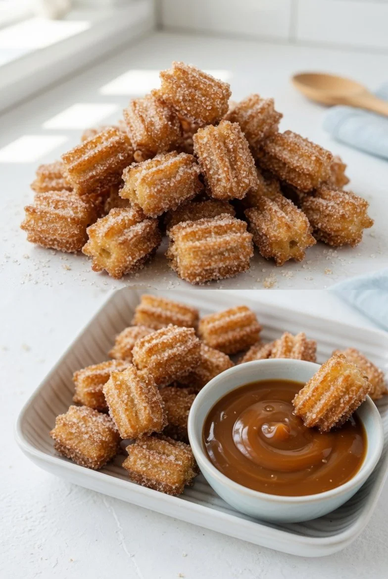 Leckere Air-Fryer Churro-Bites auf einem Teller, gesund zubereitet