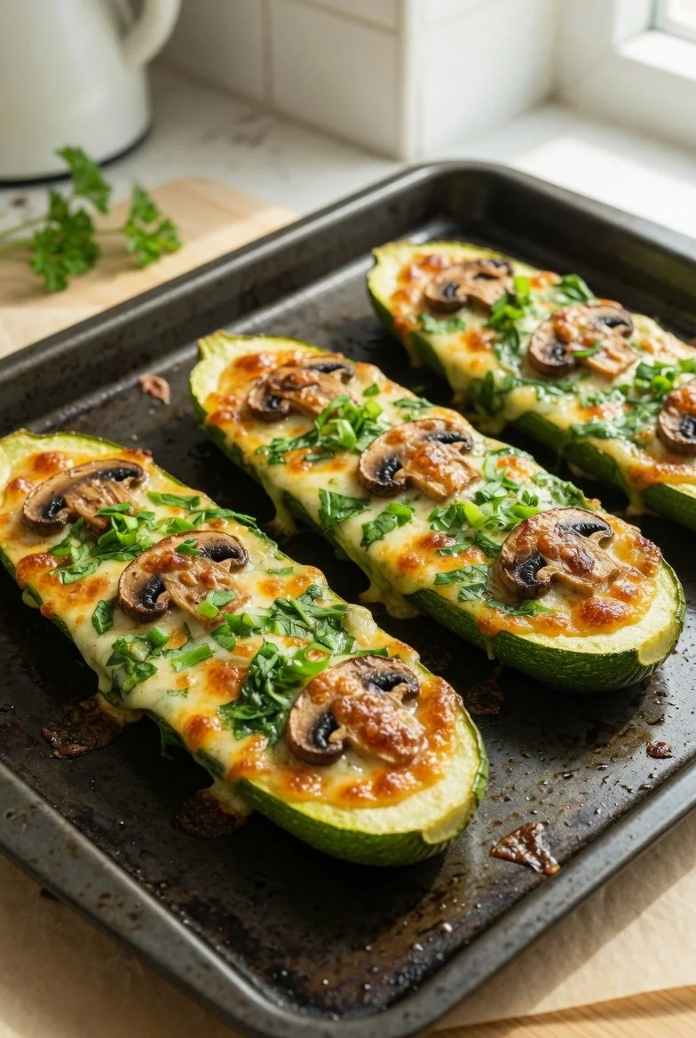 Gesunde gefüllte Zucchini-Boote mit Spinat, Pilzen und Ricotta auf einem Teller