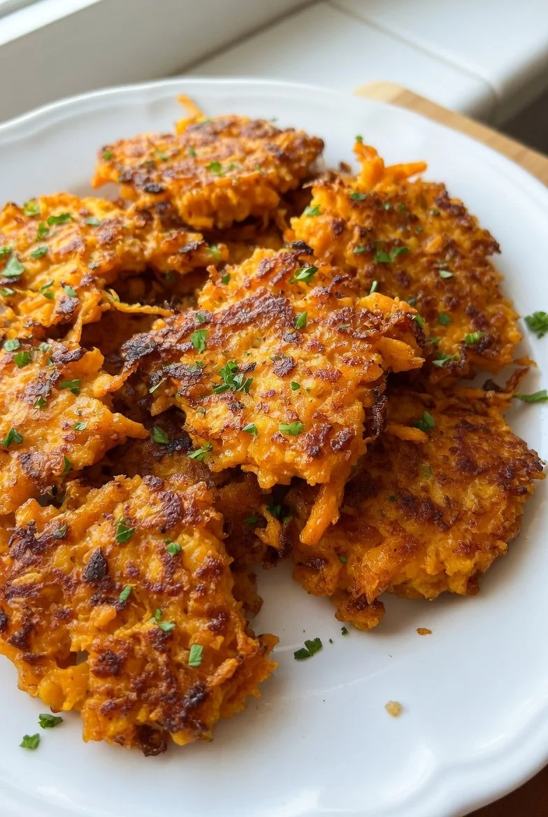 Gesunde Süßkartoffel-Hashbrowns auf einem Teller, knusprig und goldbraun.