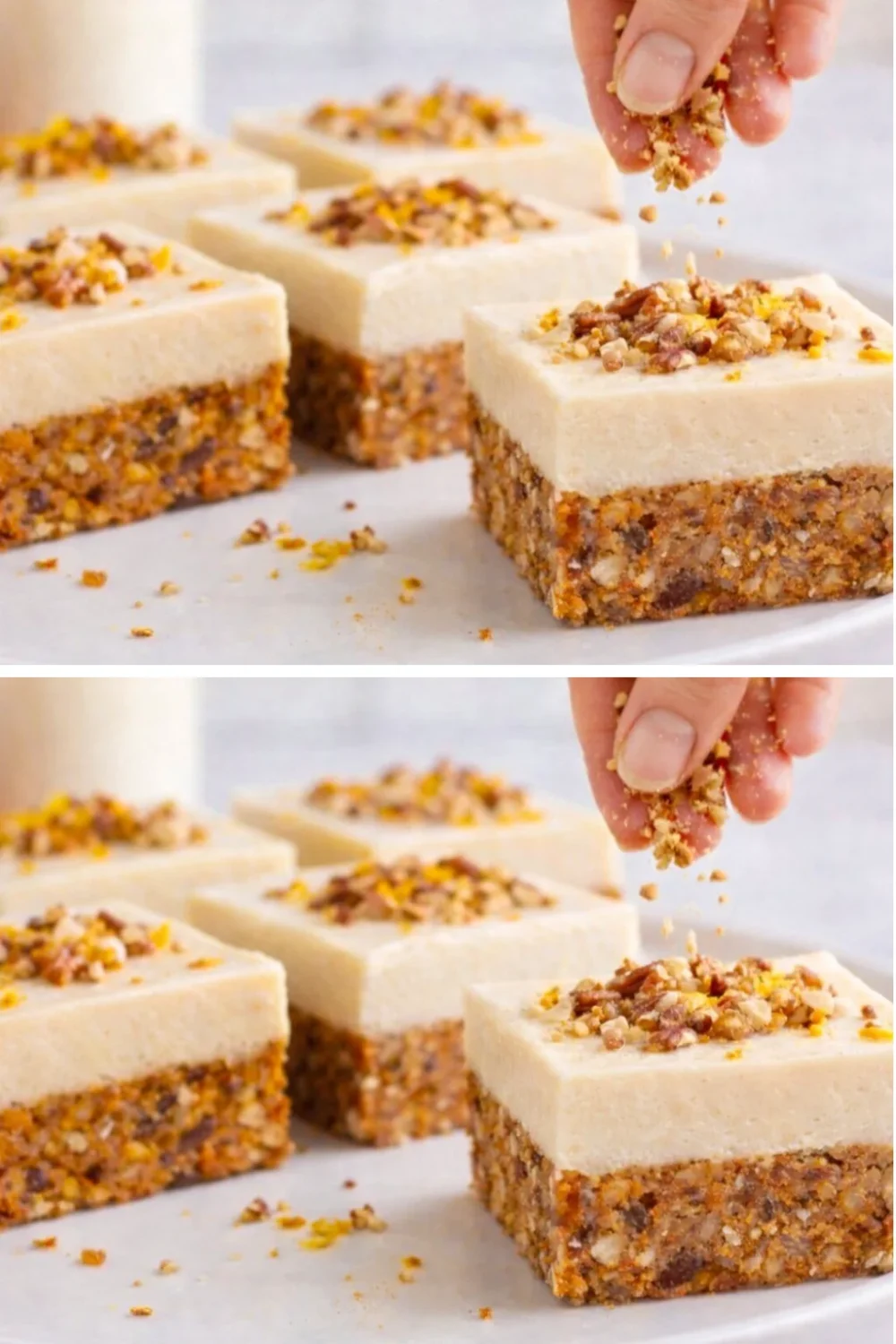 Gesunder veganer Karotten-Käsekuchen auf einem Teller mit frischem Obst