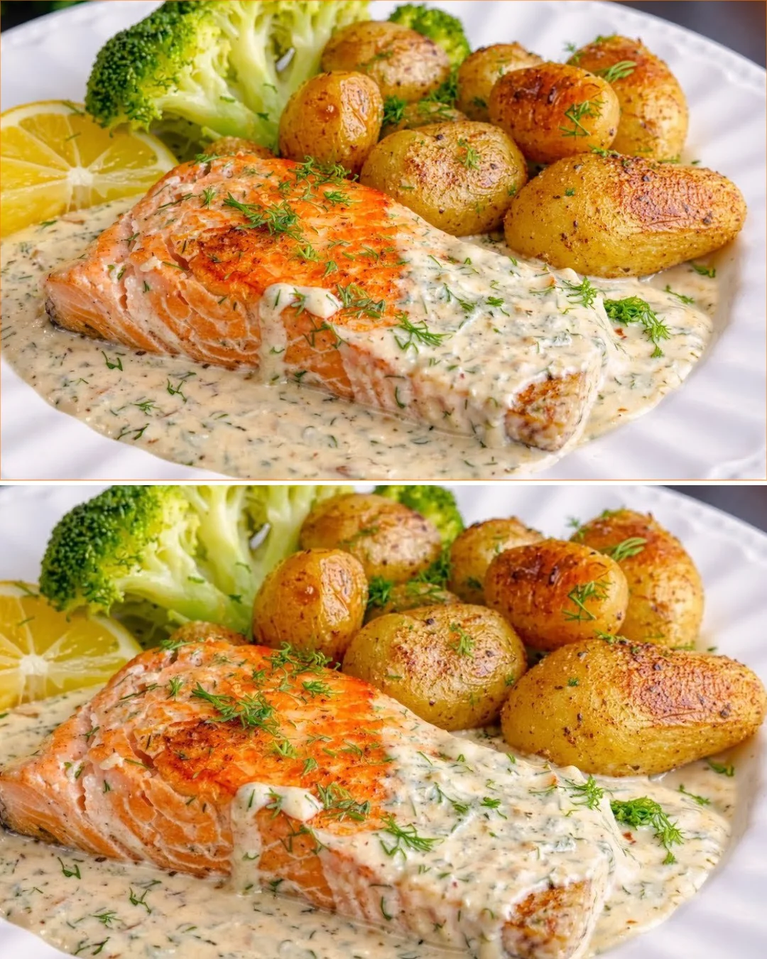 Lachs mit Sahne, Zitrone und Dill auf einem Teller serviert