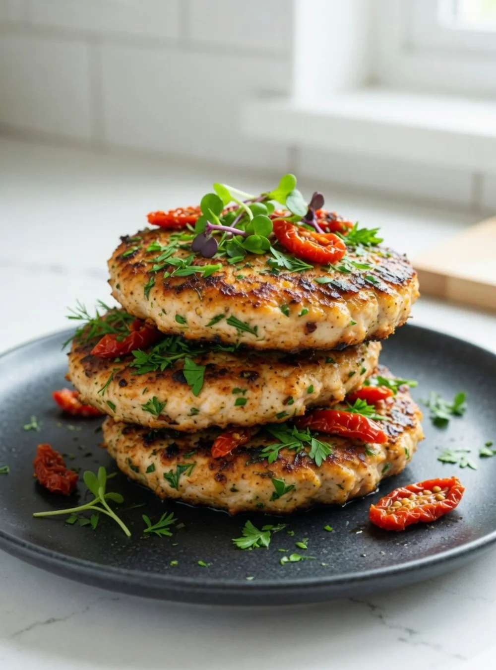 Leckerer griechischer Hähnchen Burger mit frischen Zutaten und Gewürzen