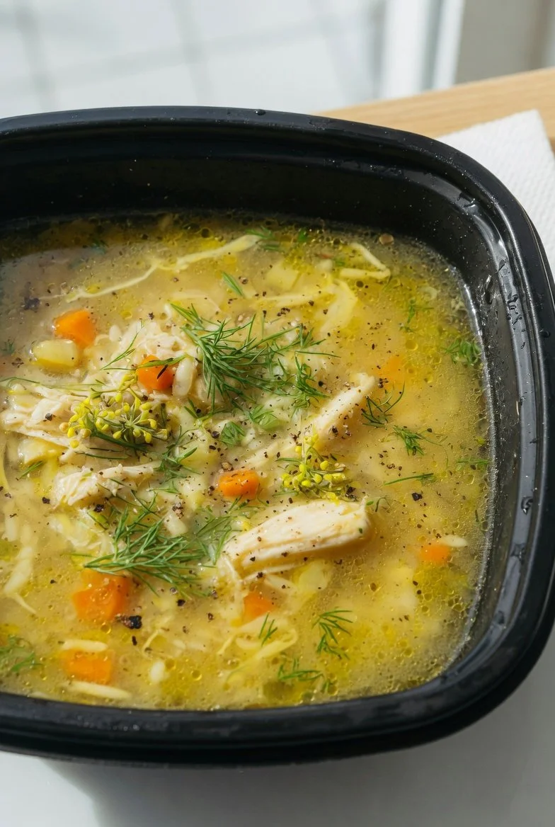 Schale griechische Zitronenhühnchensuppe mit frischen Kräutern und Zitrone