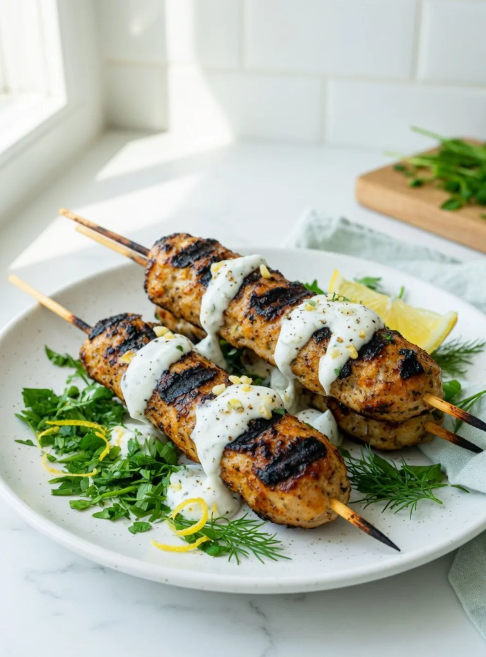 Hähnchen-Kofta mit Knoblauch-Joghurt-Sauce auf einem Teller serviert