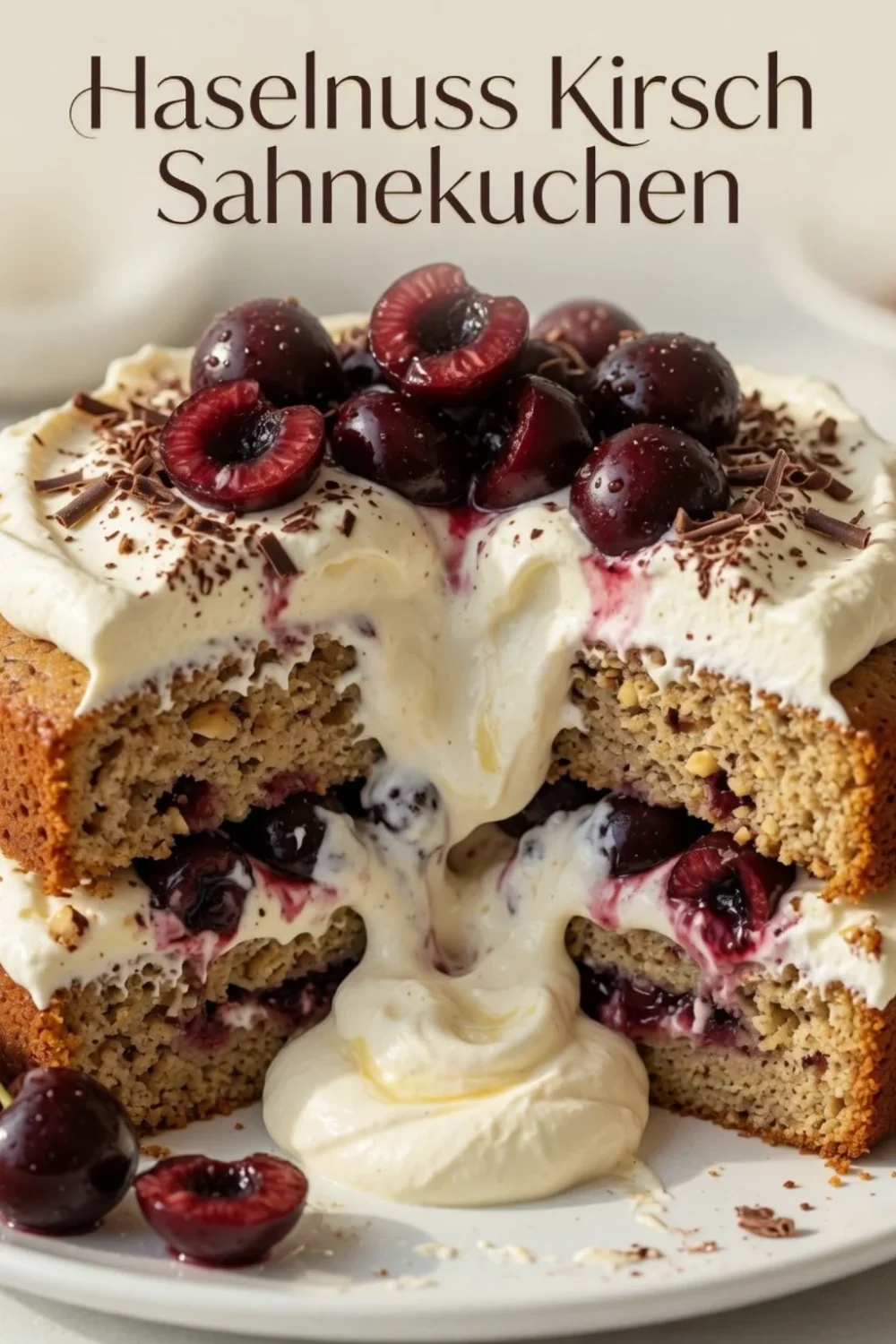 Haselnuss Kirsch Sahnekuchen mit Sahne und frischen Kirschen auf einem Teller