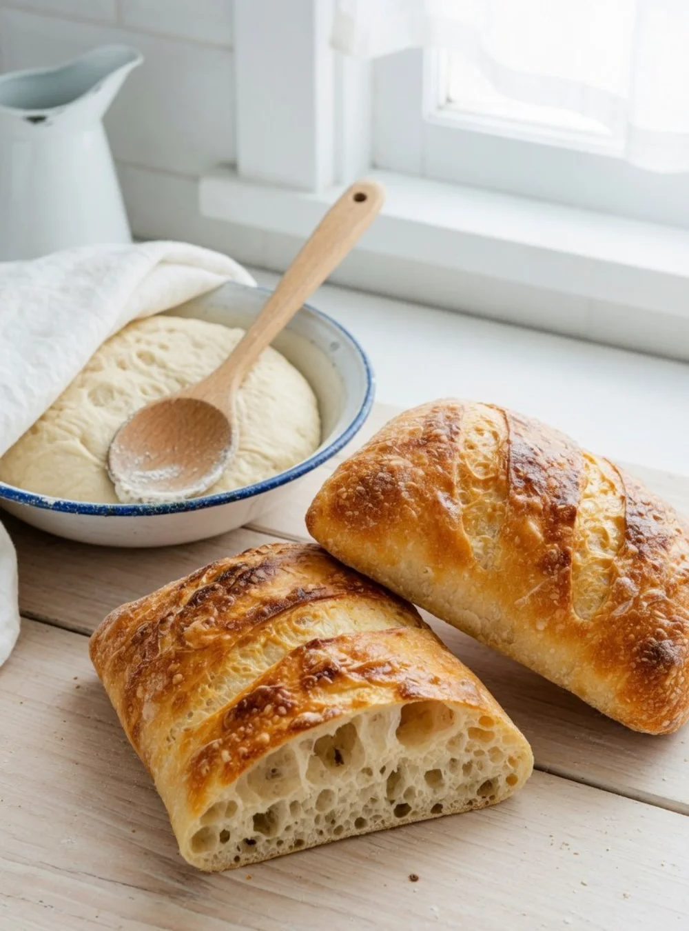 Hausgemachtes Ciabatta Brot frisch gebacken auf einem Holzbrett