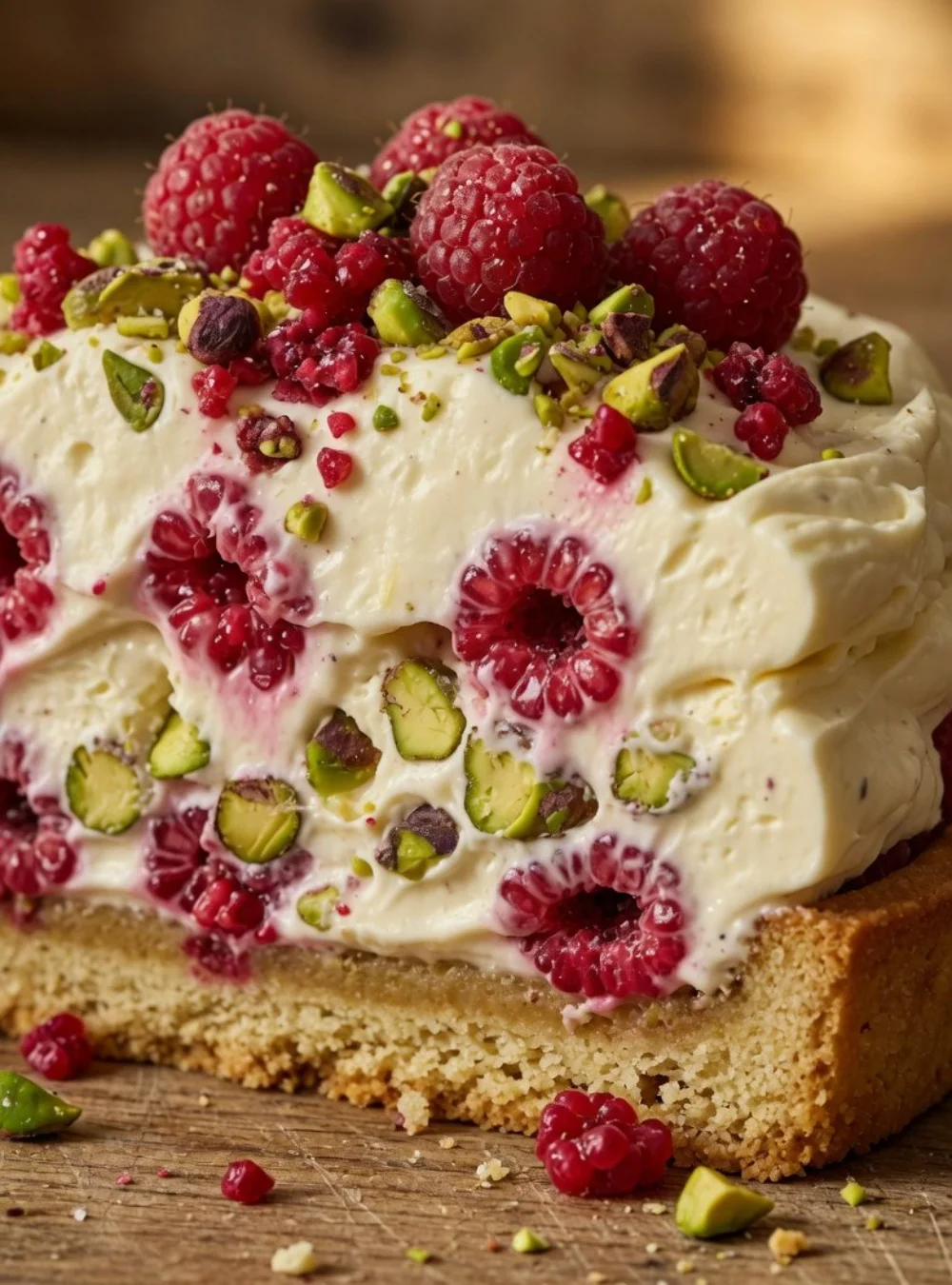Himbeer Pistazien Torte mit Mascarpone auf einem eleganten Teller serviert.
