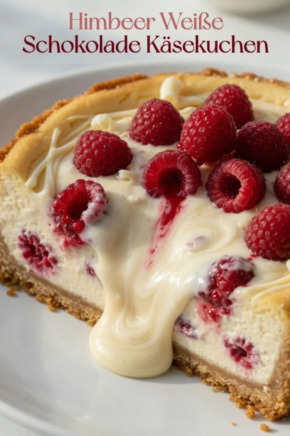 Himbeer Käsekuchen mit weißer Schokolade auf einem Teller serviert