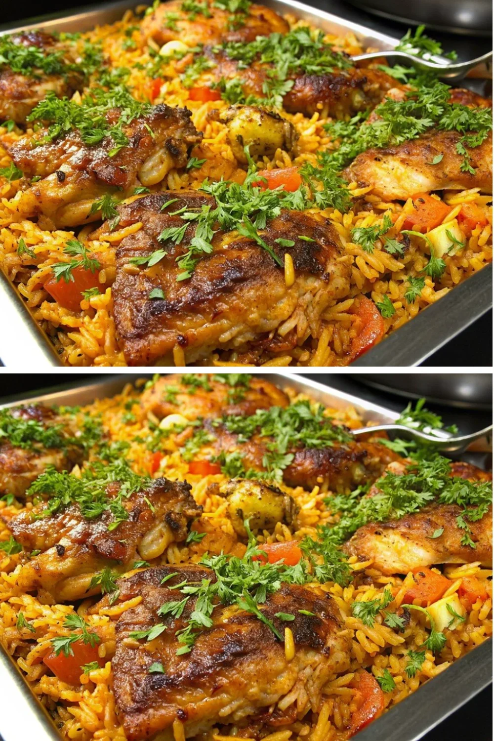 Leckeres Hühnchen mit Reis, serviert auf einem eleganten Teller.