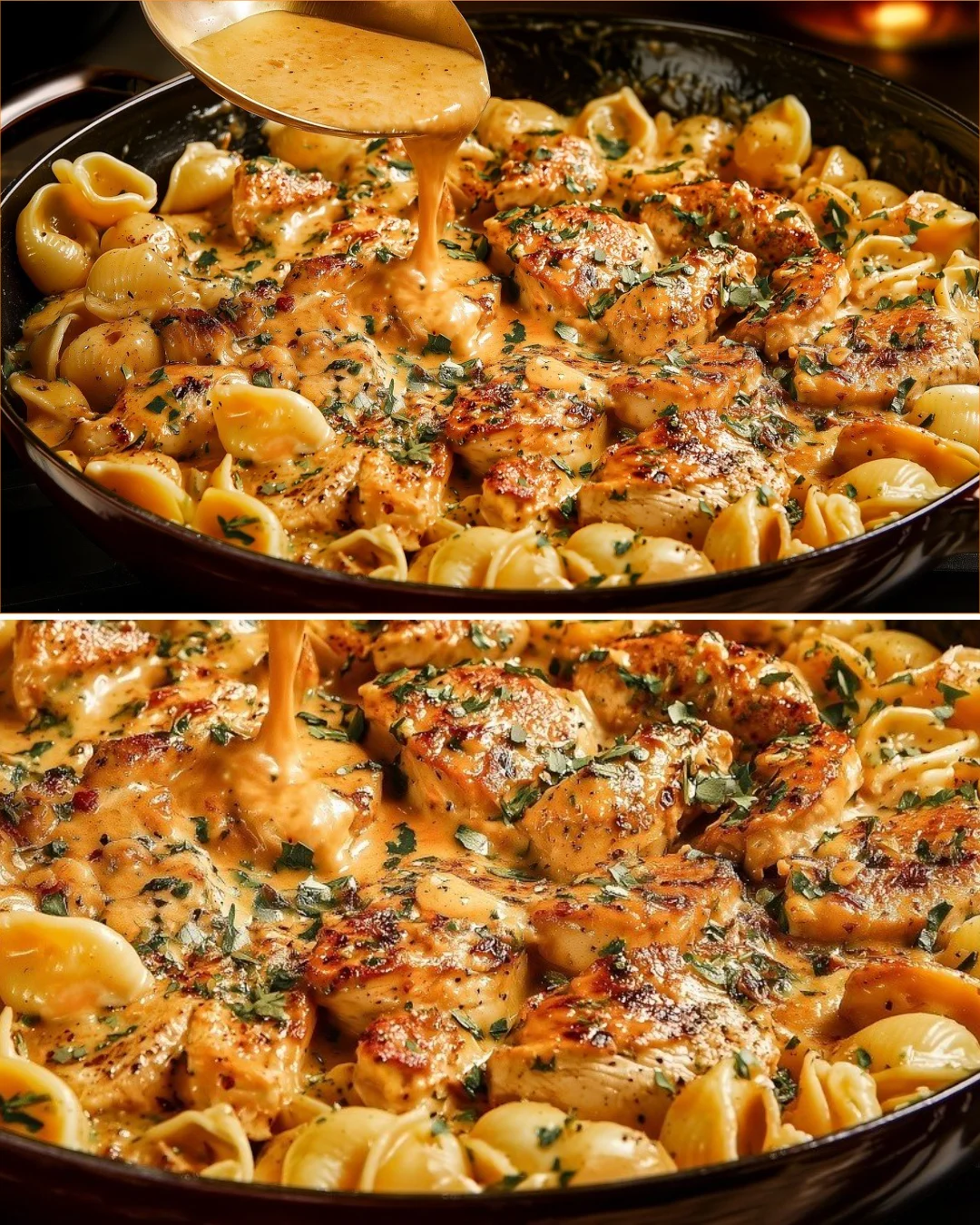 Leckere Hühnchen Pasta auf einem Teller, serviert mit frischen Kräutern