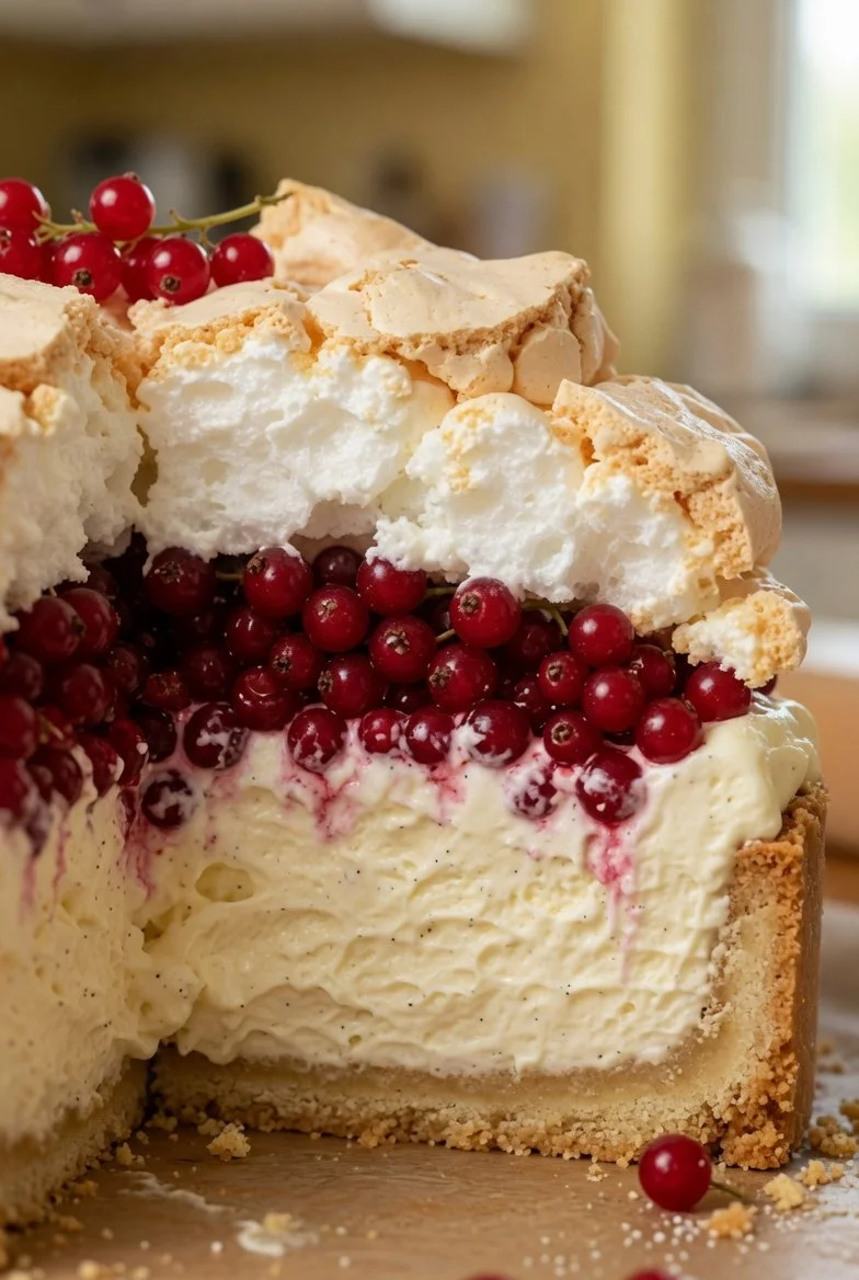 Johannisbeer-Baiser-Sahnetorte mit frischen Johannisbeeren und Sahne