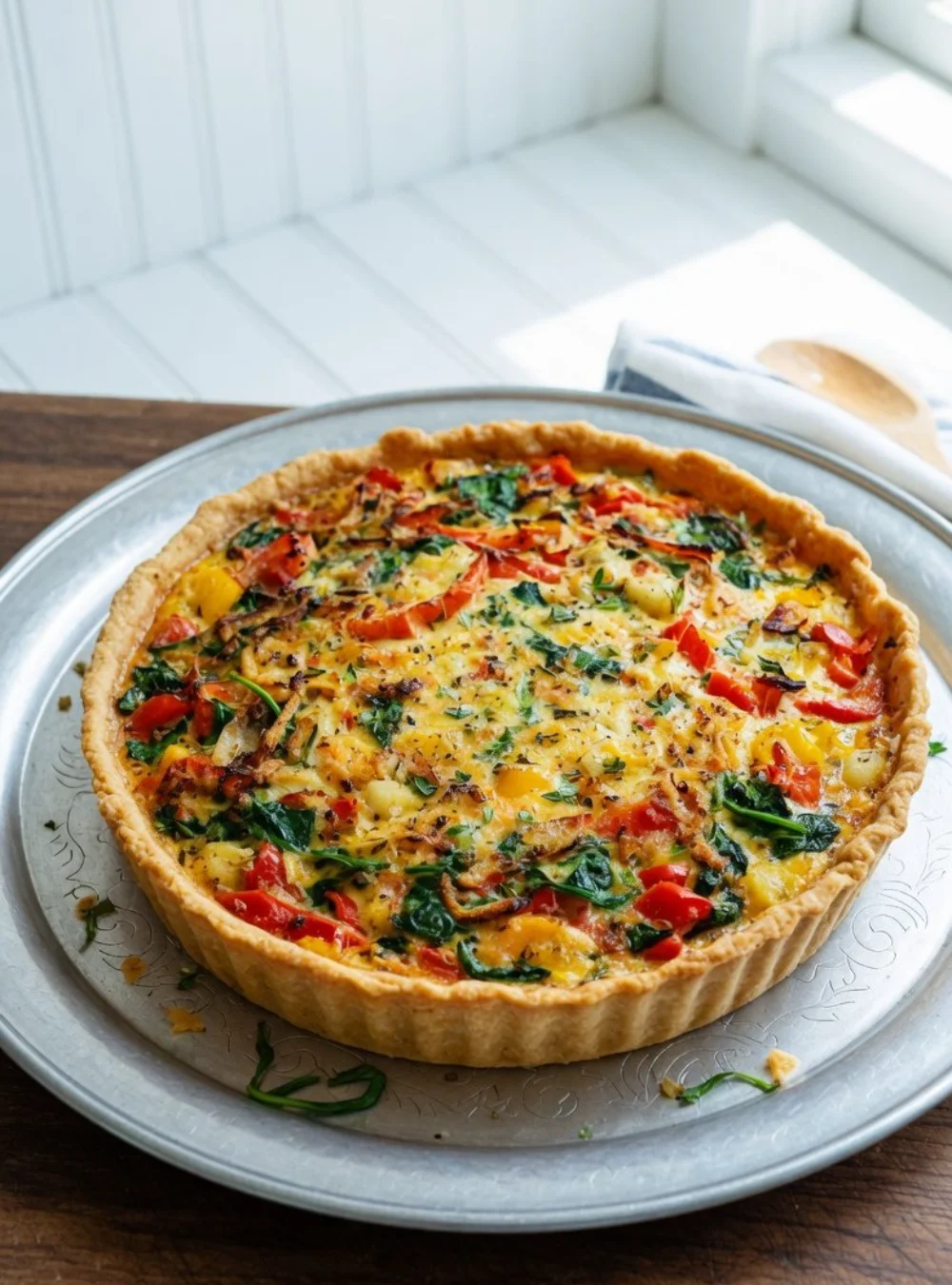 Kartoffel-Quiche mit frischem Gemüse auf einem Teller serviert