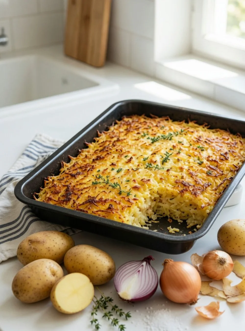 Leckerer Kartoffel-Zwiebel-Auflauf frisch aus dem Ofen.