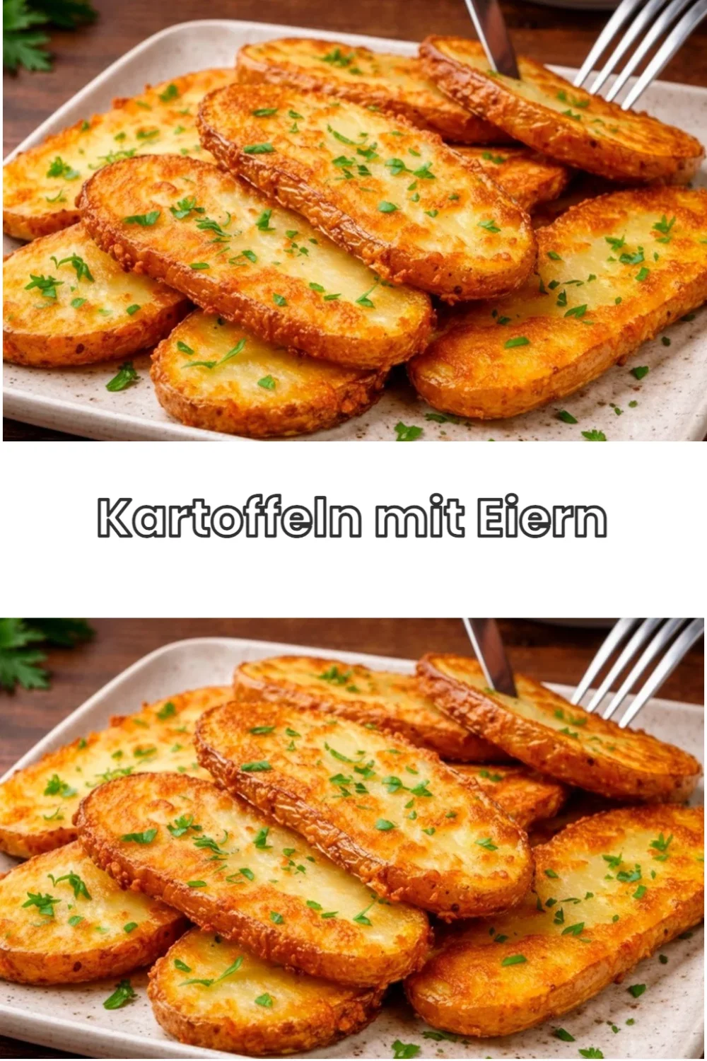 Leckeres Gericht aus Kartoffeln mit Eiern auf einem Teller serviert.