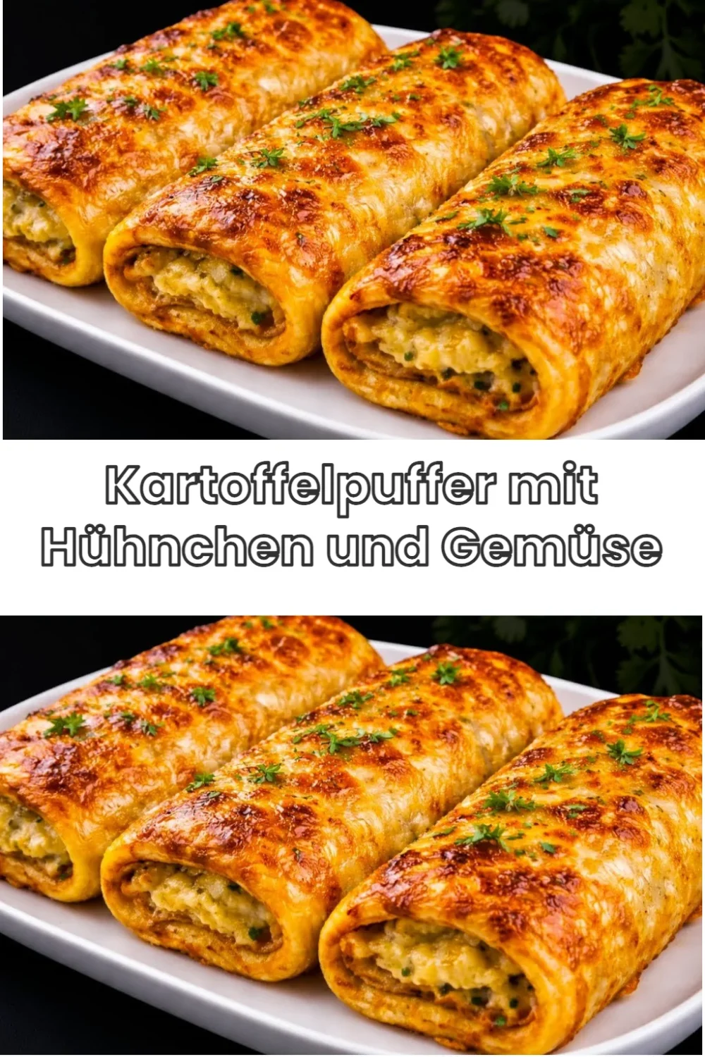 Leckere Kartoffelpuffer mit Hühnchen und buntem Gemüse auf einem Teller.