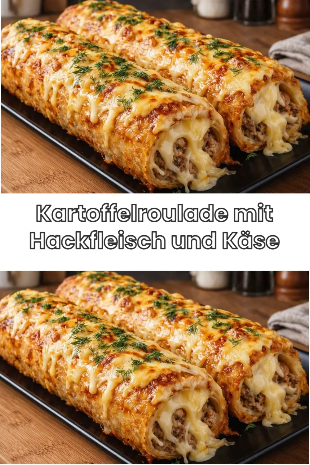 Kartoffelroulade gefüllt mit Hackfleisch und Käse auf einem Teller
